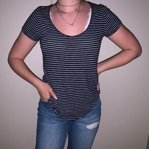 Navy blue and white striped shirt